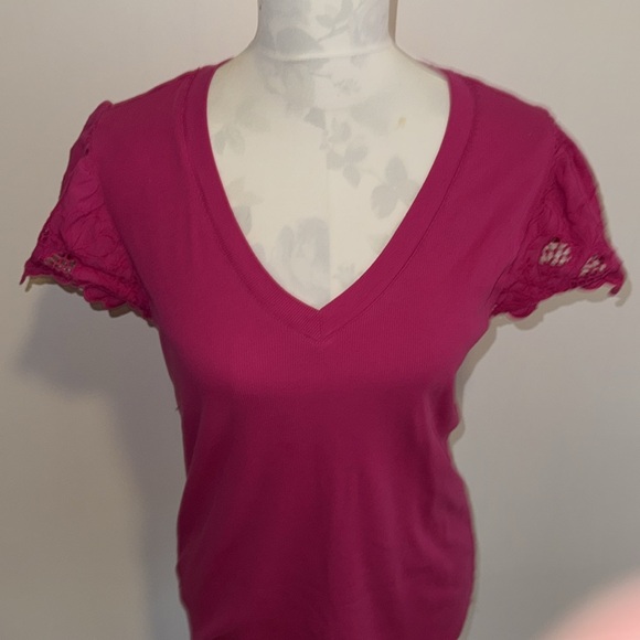 Loft Fuchsia Eyelet Short Sleeve Mixed Media V-Neck Top - Picture 2 of 11